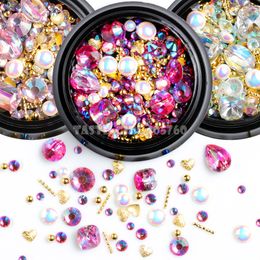 Mélanger les formes Glitter Jewel Pearls Gold Metal Bar Beads Givré en forme de coeur Nail Art Strass Gems Stickers Manucure DIY Tips