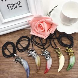 Mix Stijl Punk Stijl Mannen Kettingen Lederen Touw Ketting Imitatie Bot Draak Totem Wolf Tand Ketting Voor Vrouwen Vintage Hiphop Sieraden