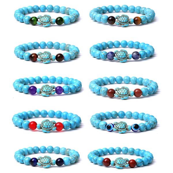 Mix Summer Style Tortoise Charms turquoise Perlé Strand Bracelets Classique 8MM coloré Pierre Élastique Bracelet D'amitié Plage Pour Femmes Hommes Bijoux