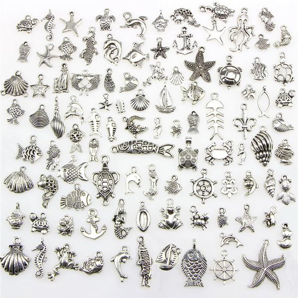 Mixte 100 modèles tortue de mer grenouille sirène crabe crocodile poulpe os de poisson thème nautique charmes pendentifs pour collier à faire soi-même Bang221D