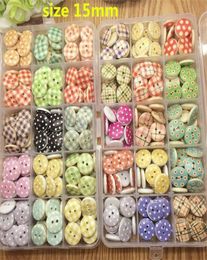 Mélange de 100 pièces, 30 styles, 15mm, 2 trous, points et rayures imprimés, boutons en bois, couture, artisanat de Scrapbooking, accessoire 6577793