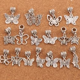 Gemengde Butterfly Dangle Legering Big Hole Losse Kralen Tibetaanse Silve Fit Charm Armband Sieraden BM57 LZSILVER 170PCS / PARTIJ