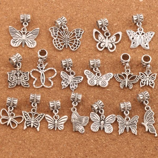 Mariposa mixta Cuelga Aleación Agujero grande Granos sueltos Plata tibetana Fit Charm Pulsera Joyería BM57 LZsilver 170PCS / lot