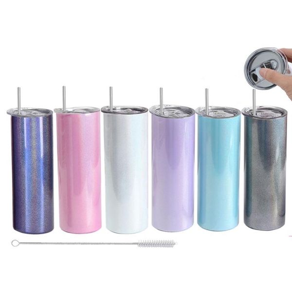 Couleur mélangée 20 oz peinture lumineuse gobelets droits tasse de voyage arc-en-ciel bling tasses gobelet de sublimation de paillettes