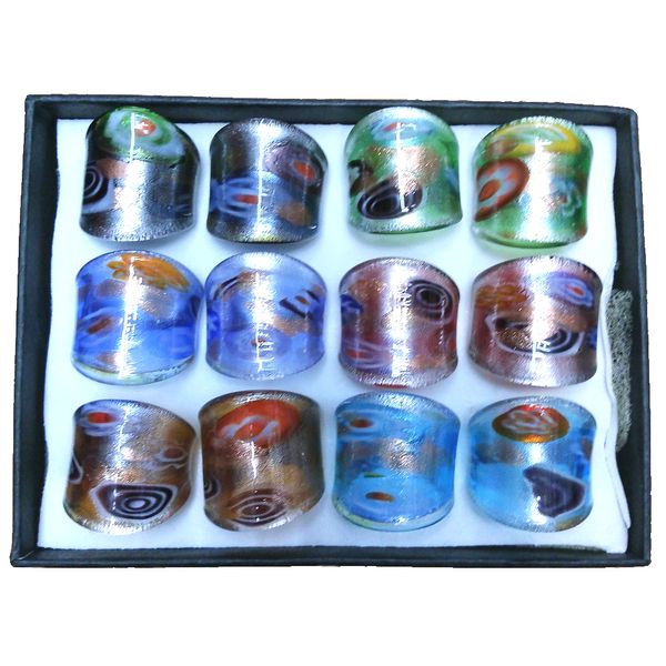 Anillos de cristal de Murano de colores mezclados con incrustaciones de patrón anular abstracto, paquete de anillos de cristal de arte de Murano de 12 piezas
