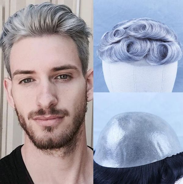 Toupee de cheveux humains gris mixte pour hommes Brésilien Remy Système de remplacement des cheveux humains Men039 Toupee 30 mm Skin bouclé Toupee8874371