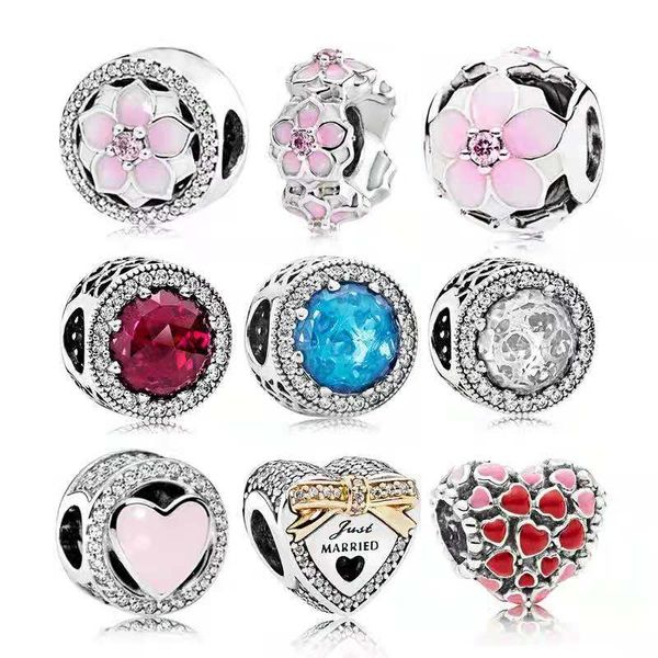 Breloques à fleurs roses, styles mixtes, en alliage opale, perles amples, breloque en forme de cœur pour collier, chaîne serpent, accessoires de bricolage, bijoux