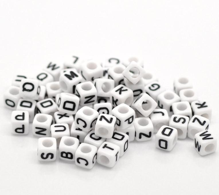 Mixed White Alphabet/ Letter Acrylic Cube Beads 6x6mm(1/4"x1/4"), 500Pcs (B18077), yiwu