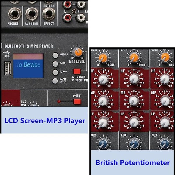 Mélangeur 12 canaux Console de mixage sonore stéréo Bluetooth Usb enregistrement ordinateur lecture alimentation fantôme amplificateur mélangeur Audio numérique