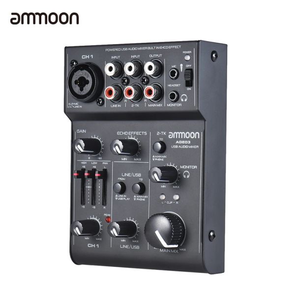 Mezclador Ammoon Age03 Consola Mezclador Mezclador de micrófono de 5 canales Con efecto de eco de interfaz de audio USB alimentado para grabar