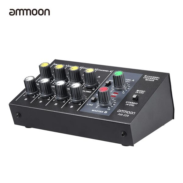 Mezclador Ammoon AM228 Ultracompact Consola de mezcla bajo ruido de 8 canales Metal Mono Stereo Audio Sound Mixer con cable adaptador de alimentación