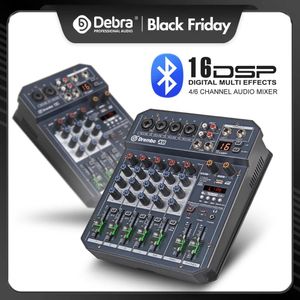 Mixer Debra 4/6 kanaal Proteerbare audiomixer DJ -console met DSP -effectgeluidskaart, Bluetooth, USB, voor pc -opname en karaoke.