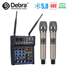 Mixer Debra Stéréo Audio Mixer Buildin UHF Wireless Mics 4 Channels Mélange Console avec effet USB Bluetooth pour DJ Karaoke PC Guitar