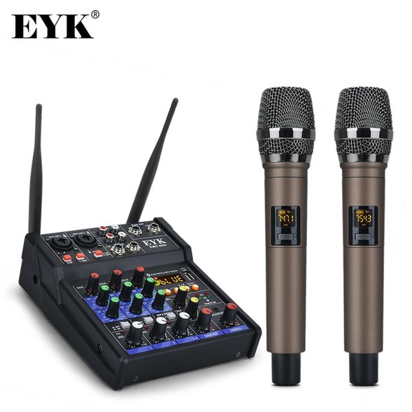 Mélangeur Eyk Emcg04 mixage Audio avec Microphone sans fil Uhf Console de mixage stéréo 4 canaux Bluetooth Usb pour Dj karaoké enregistrement sur Pc