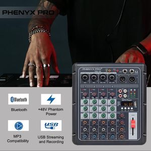 Mélangeur Phenyx Pro mélangeur Audio Interface d'enregistrement USB professionnelle Console de mixage compacte 4 canaux avec égaliseur 3 bandes, Bluetooth, 48v