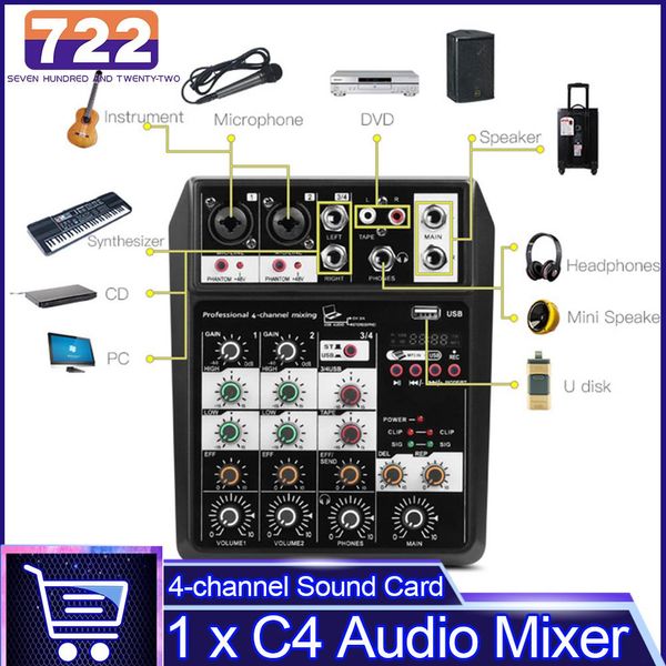 Mélangeur Portable C4, mélangeur Audio à 4 canaux, Console de mixage sonore, Interface USB pour les performances sur scène, ancres réseau, compatible Bluetooth