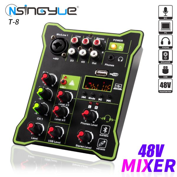 Mixer Portable Mini 5 canaux Mélangeur audio DJ Console Sound avec Bluetooth USB 48V Phantom Power for PC Recording Party Sound Mixer