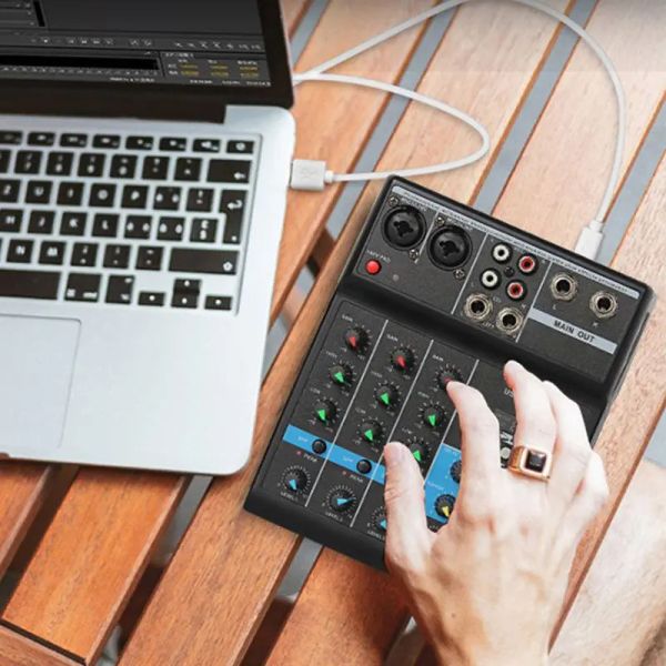 Mezclador profesional mezclador de audio 4 canales Bluetooth Sound Console Mezcle para karaoke KTV con efectos de sonido con tarjeta de sonido USB