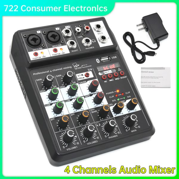 Mixer Professional Sound Mixing Console Bluetooth USB Record ordinateur 4 canaux USB Audio Mixer 110240V pour les performances de scène Musique