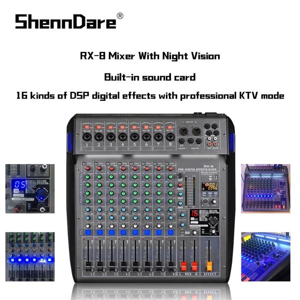 Mezclador Rx8 Mezclador de Audio Profesional con Visión Nocturna 8 Canales 48v Phantom Power Tarjeta de Sonido Consola de Mezcla 16 Tipos de Efectos Dsp