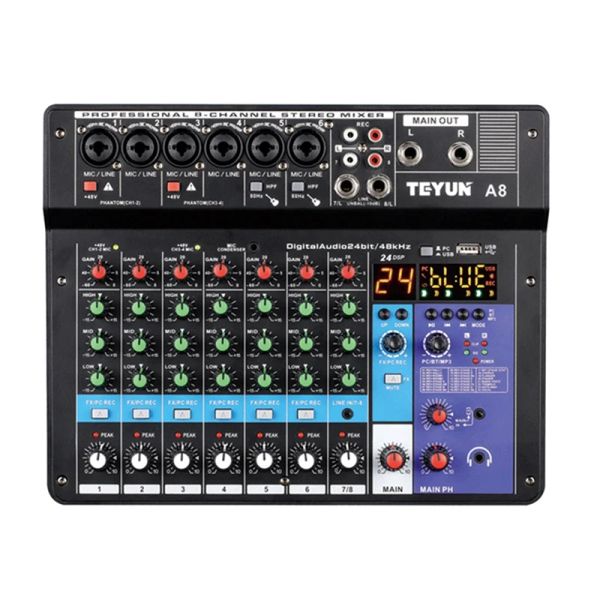 Mezclador teyun 8 canal DJ Tabla de mezcla 24 DSP Efecto Mezclador de audio Bluetooth PC USB Reproducción de 48V Contallador de sonido Contallador Consola de mezcla A8