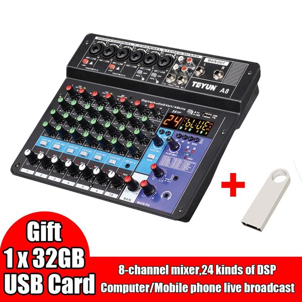 Mixer Teyun A4 / A6 / A8 8 6 4 Channel Professionnel Portable Mixer Mixing Console Entrée ordinateur 48V Numéro de puissance DJ Broadcast en direct