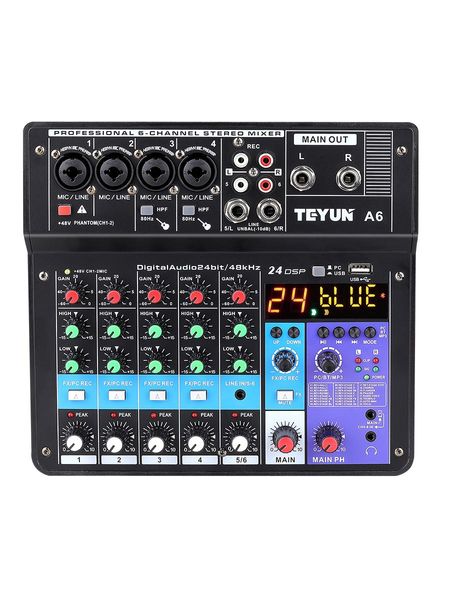 Table de mixage Teyun A6 pour console de mixage audio avec 6 canaux, USB, Bluetooth, entrée numérique Mp3 pour ordinateur, alimentation fantôme 48 V