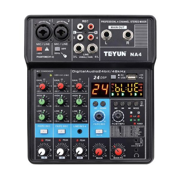 Mélangeur Teyun Na4 4 canaux Bluetooth Mini mélangeur Audio carte son Dj 16 effets numériques Console de réduction du bruit enregistrement Usb pour le chant