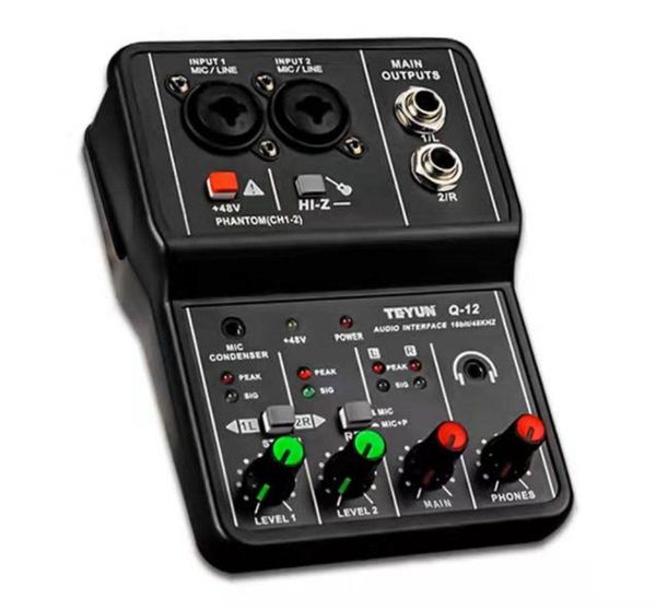 Mezclador Teyun Q12 Tarjeta de sonido Tablero mezclador de audio Consola Interfaz del sistema de escritorio 4 canales 48v Alimentación estéreo (enchufe de EE. UU.)