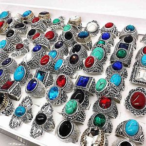 MIXMAX 20 pcs/lot pierre naturelle tibétain argent hommes vintage alliage couple anillo hombre bijoux anneaux femmes lots entiers