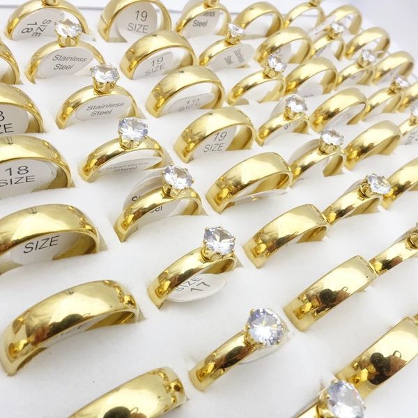MixMax 40 Uds 20 pares hombres mujeres anillos de acero inoxidable chapado en oro circón ancho 4mm 6mm regalo de pareja joyería alianzas de boda 240125