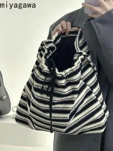 Miyagawa automne rayé femmes mode cordon toile sacs coréen polyvalent décontracté sac à bandoulière 240318