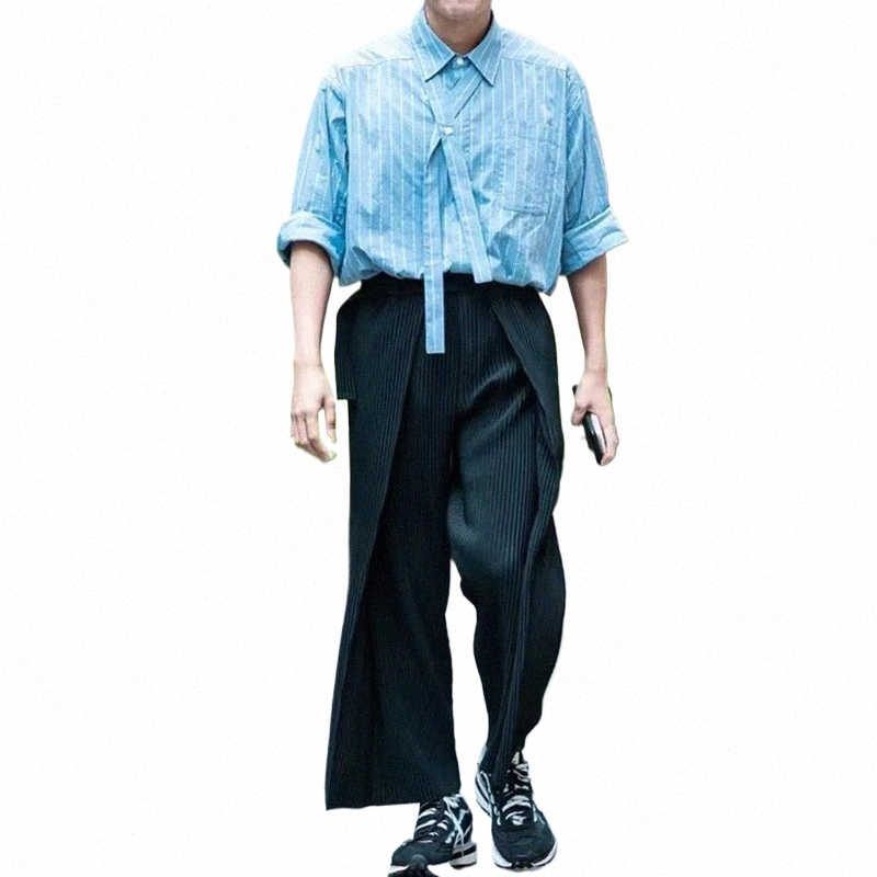 Miyake plissé 2023 été nouveaux produits jambe large pli droit type pantalon avec ceinture tendance coréenne lâche jambe large pantalon décontracté v4lm #