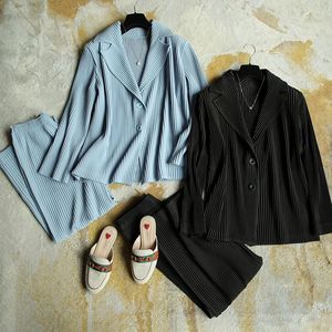 Miyake – Blazer plissé noir, costumes d'hiver pour femme, ensembles de bureau, pantalon droit, veste à boutons, haute couture, élégant et formel, 240301