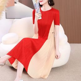 Miyake-vestido plisado para mujer, estilo veraniego, empalme de colores a juego, cuello redondo, manga corta, falda larga elegante Aline 2024 240306