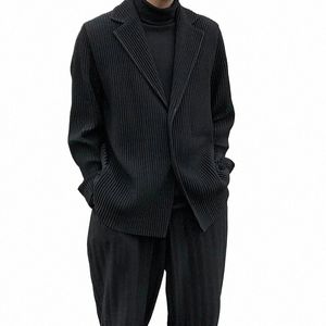 Miyake Plissé Hommes Costume Veste Manteaux Basic Drapé Casual Simple Costume Butt Noir Blazers s5fn #