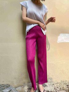 Miyake pantalon plissé femmes automne vêtements couleur été coréen taille haute décontracté classique basique cheville longueur droite 211124