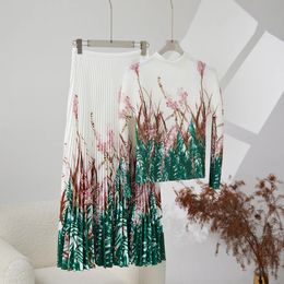 Miyake-traje plisado para mujer, moda de primavera, estampado Floral, manga larga, cuello alto, falda de cintura superior, conjunto de dos piezas 240319