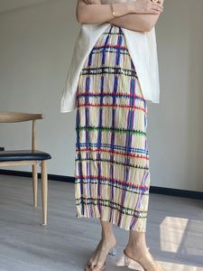 Miyake geplooide zomer Japanse middeleeuwse vintage print streep halve lengte jurk elegante dames middeleeuwse jurk 240423