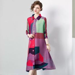 Miyake Pleated Women dresses summer cardigan button long sleeve dress lapel ladder texture loose vintage dress plus size 210325