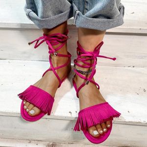 MIYEDA Rode Up Sandalen Kant vrouwen Zomer Kwasten Gladiatoren Stijl Open Teen Vrouwen Slippers Vakantie Plus Size Vrouwelijke Flats 2343