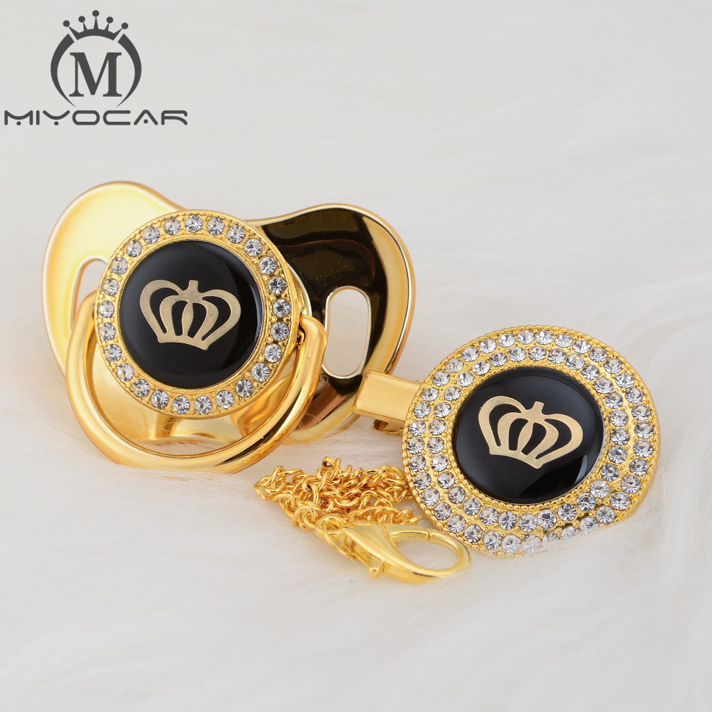 MIYOCAR-chupete y chupete con clip, corona ostentosa de diamantes de imitación, dorado y plateado, diseño único, sin BPA, GCR2