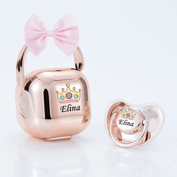 Miyocar Personnalized Bow Metallic Rose Gold Bling Pacificier and Pacificier Box Set BPA Free Dummy Luxury Baby Shower Gift 240409