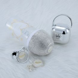MIYOCAR gepersonaliseerde zilveren collectie bling babyfles fopspeen en fopspeenclip fopspeendoos set BPA-vrij 231229