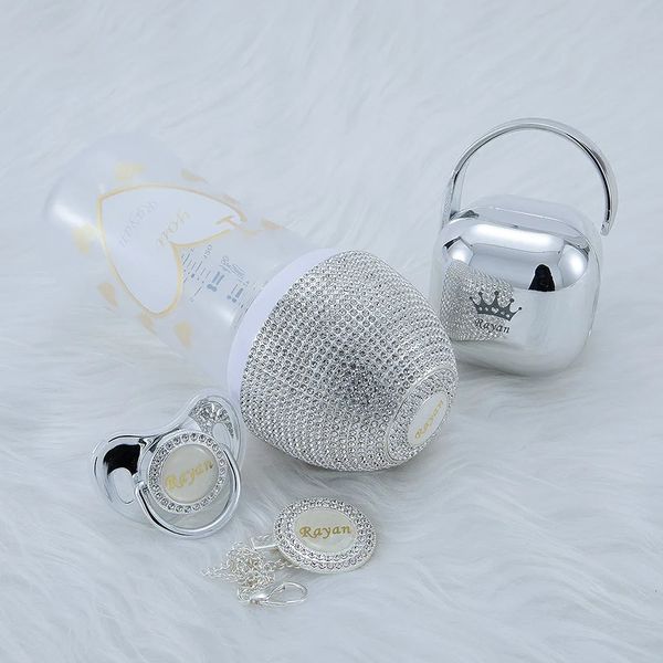 Miyocar Personnalize Silver Collection Bling Bing Bott Bottle Pacificier and Pacificier Clip Pacificier Box Set BPA GRATUIT 240423