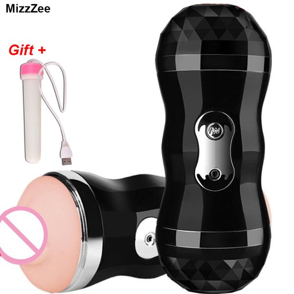 Mizzzee Masturbateur Double Canal Pour Homme Fausse Poche Vagin Artificiel Vraie Chatte Vibrateur Sex Toys Pour Hommes Masturbateur Fellation Y19062102