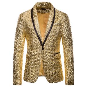 MJARTORIA moda hombres brillante Blazers oro brillo traje chaquetas hombre club nocturno un botón traje Blazer DJ escenario Blazers