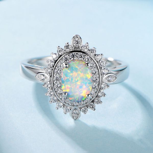 Anillo de plata brillante de lujo, anillo de ópalo ovalado, joyería femenina de moda, Anillos de boda de compromiso de diamantes de imitación para mujer, Anillos