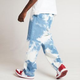 MJARTORIA Heren Jeans Lichtblauw Casual Losse Rechte Denim Broek Tie Dye Print Hemelsblauwe Lange Broek Rechte Jeans 20201250C