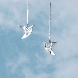 MLOVEACC 925 Sterling Silver Fine Sieraden Origami Paper kraan Dange oorbellen Lijn voor vrouwen Girls Fashion sieraden Gift
